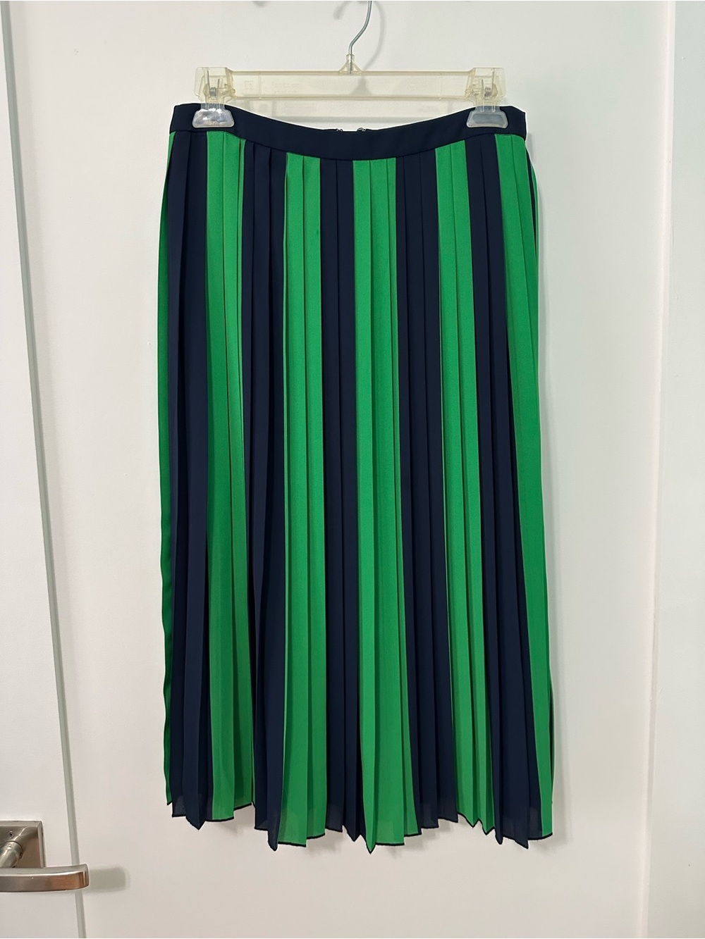 J. Crew Green and Navy Pleated Midi Skirt, Size 2